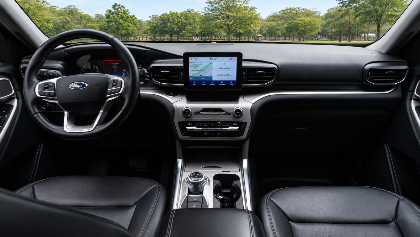 Interior del Ford Explorer: volante, tablero, pantalla central y consola entre los asientos delanteros