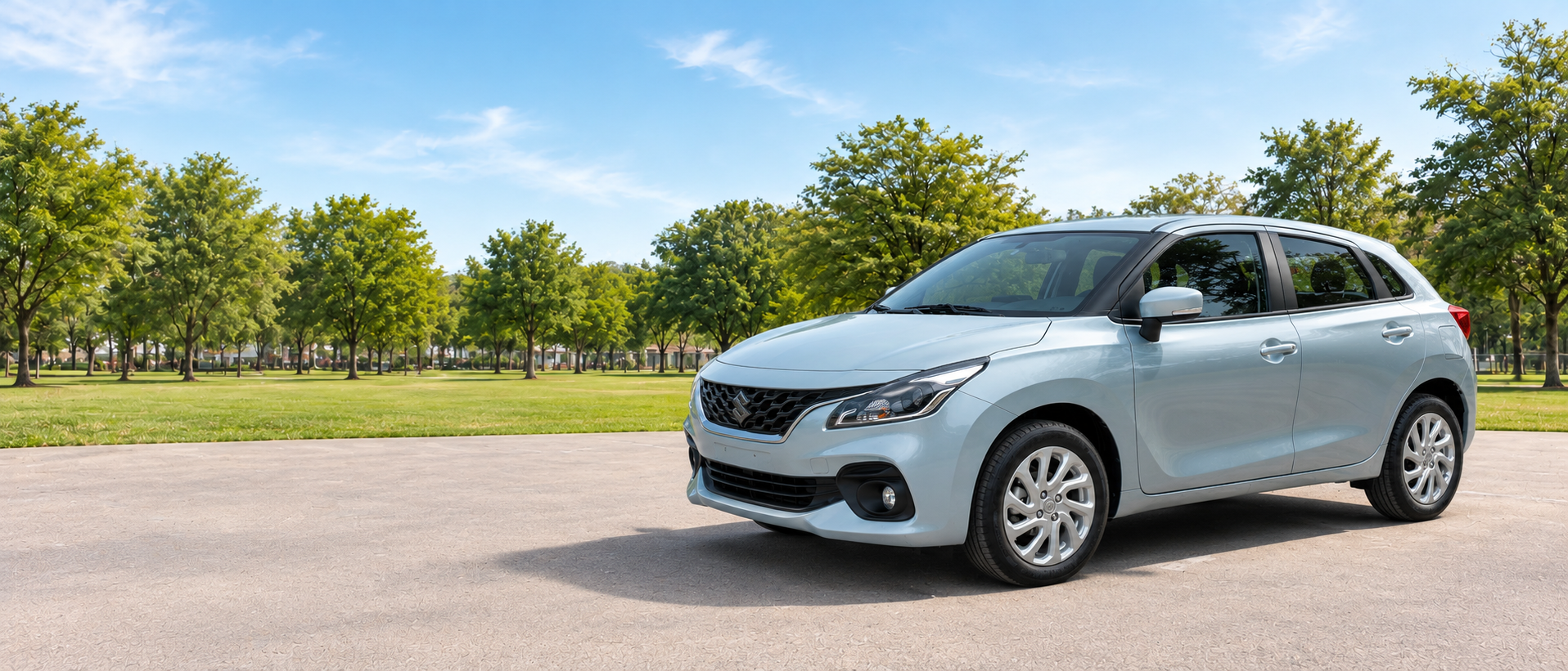 Suzuki Baleno plateado en un parque, situado a la derecha